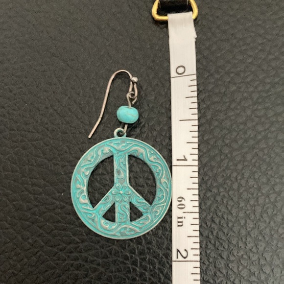 Peace Love Sign Symbol Round Antique Vintage Bronze Turquoise Colored Earrings - Picture 5 of 8
